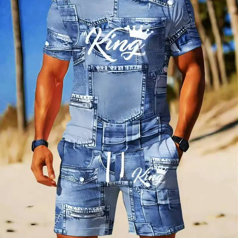 🔥Herren Lässiges Kunstdenim-Print T-Shirt & Shorts Set