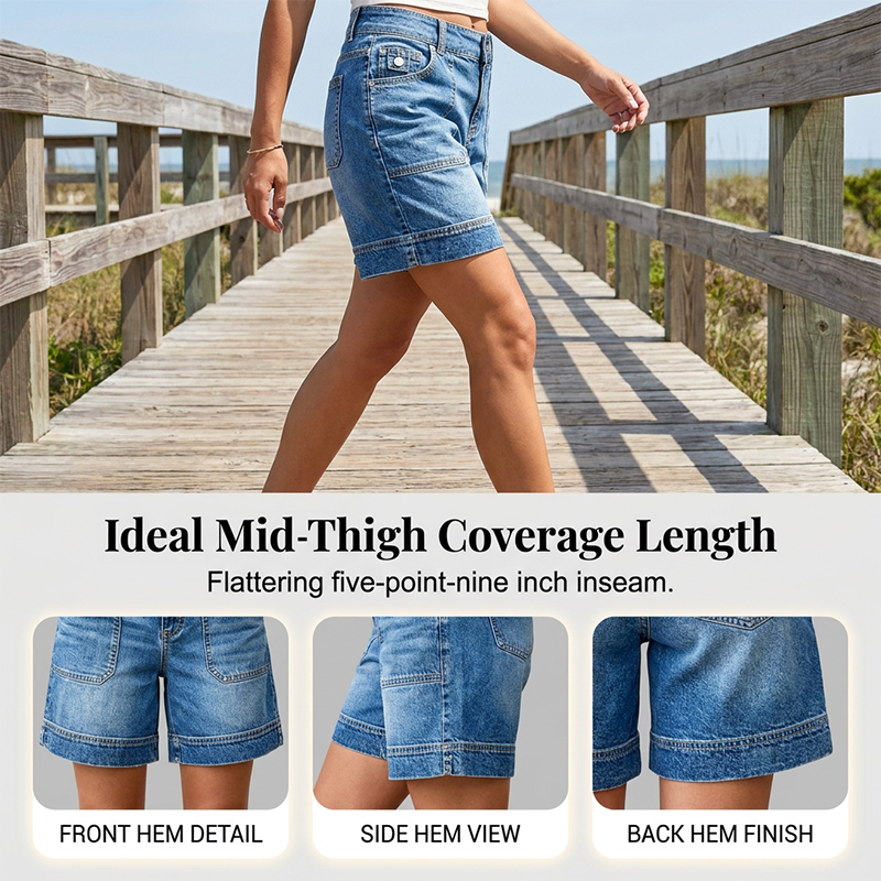 ✈️Kostenlose Lieferung📢 50 % RABATT FÜR BEGRENZTE ZEIT! ⏰ Damen mitteltaille Stretch Bermuda Jeansshorts – Praktische Taschen, stabiler Saum, luftig für Sommeralltag & Strand