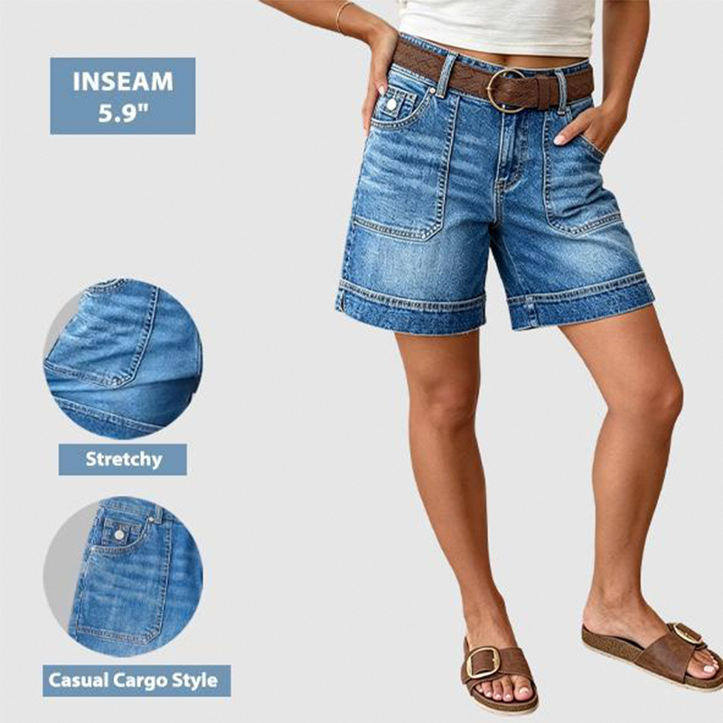 ✈️Kostenlose Lieferung📢 50 % RABATT FÜR BEGRENZTE ZEIT! ⏰ Damen mitteltaille Stretch Bermuda Jeansshorts – Praktische Taschen, stabiler Saum, luftig für Sommeralltag & Strand
