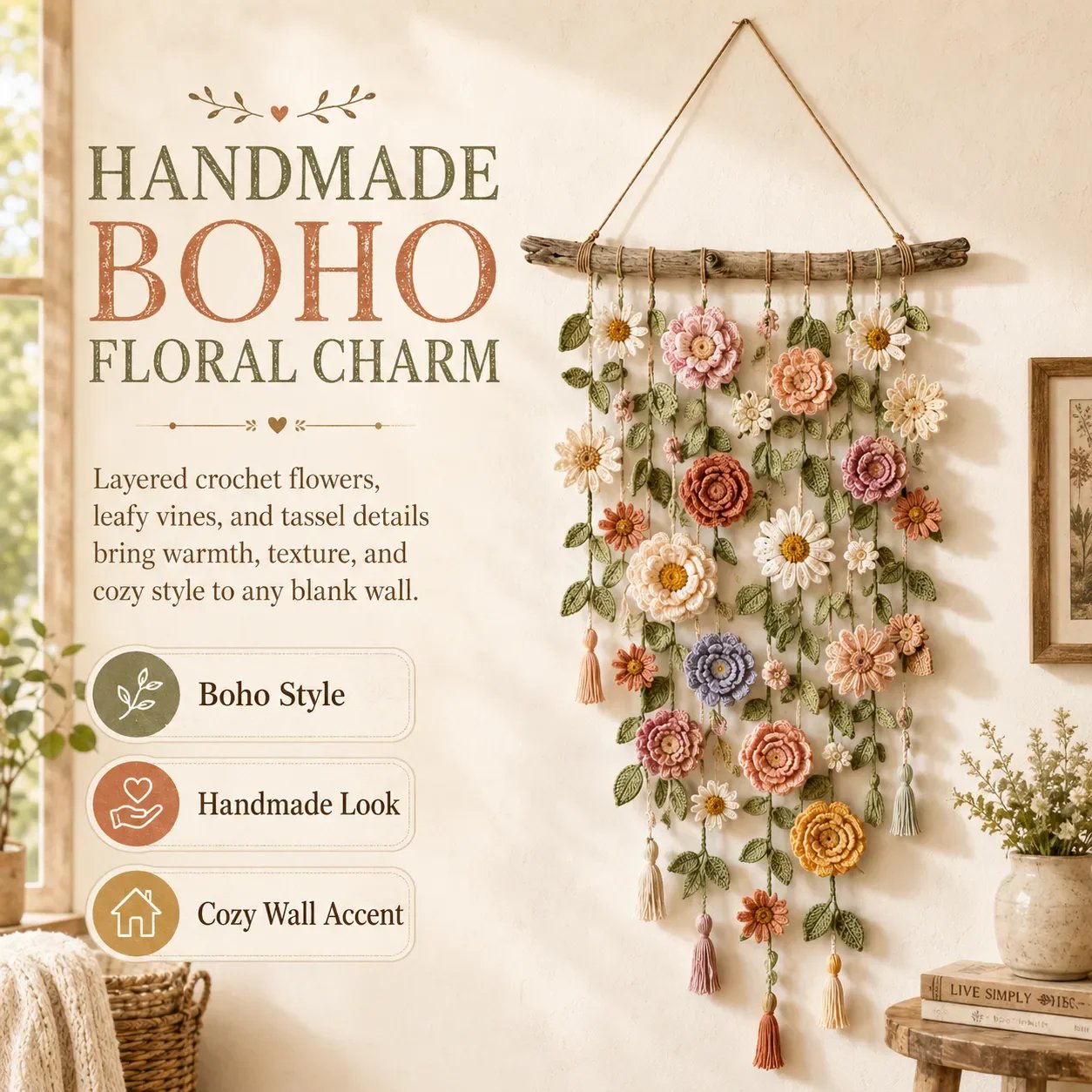 ❄️Sommerfrische 50 % Rabatt!🌸Gehäkelte Blumen-Wanddeko – Boho-Wandhänger mit Blumen, grünen Ranken & Quasten für Schlafzimmer und Wohnzimmer