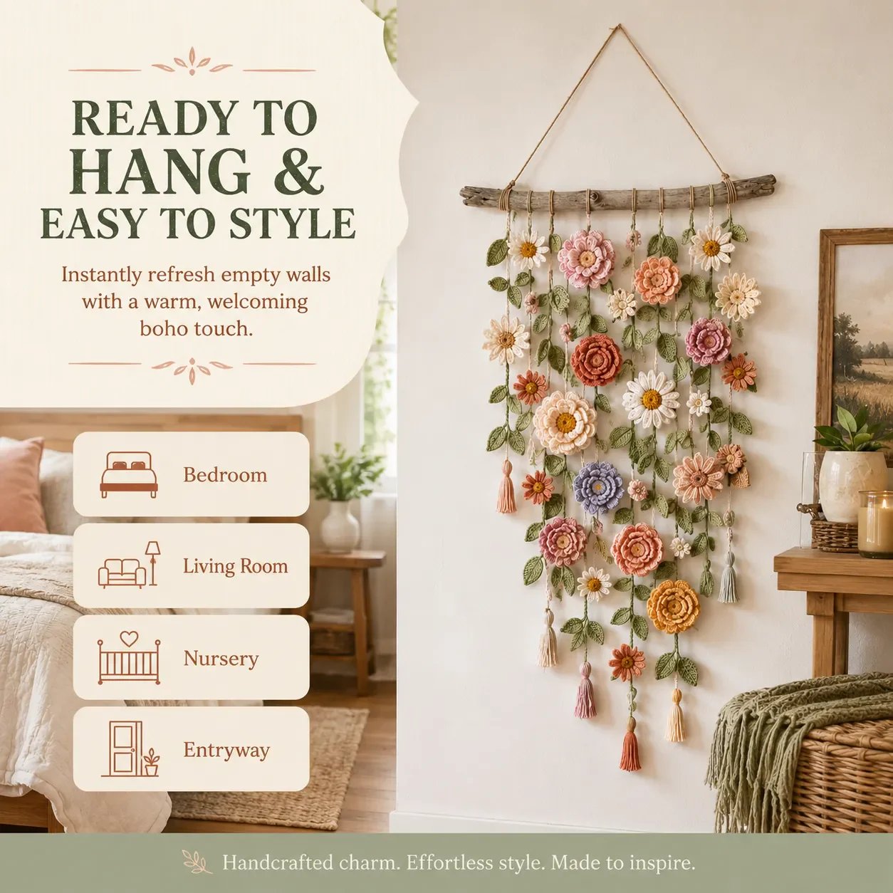 ❄️Sommerfrische 50 % Rabatt!🌸Gehäkelte Blumen-Wanddeko – Boho-Wandhänger mit Blumen, grünen Ranken & Quasten für Schlafzimmer und Wohnzimmer