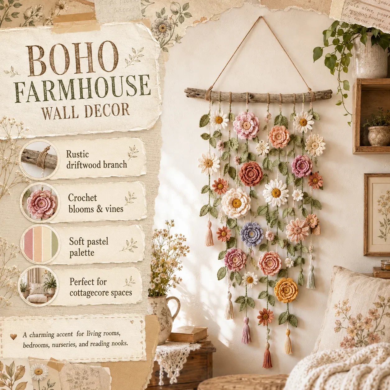 ❄️Sommerfrische 50 % Rabatt!🌸Gehäkelte Blumen-Wanddeko – Boho-Wandhänger mit Blumen, grünen Ranken & Quasten für Schlafzimmer und Wohnzimmer