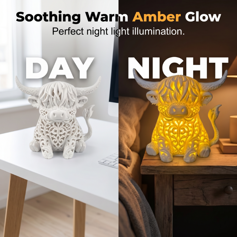 Tischlampe mit warmem Licht und Hochlandrind-Finish