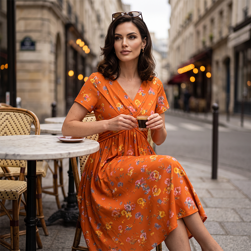 🌸 Blumiges V-Ausschnitt-Kleid mit Taillendrehung – elegant und lässig für jeden Anlass