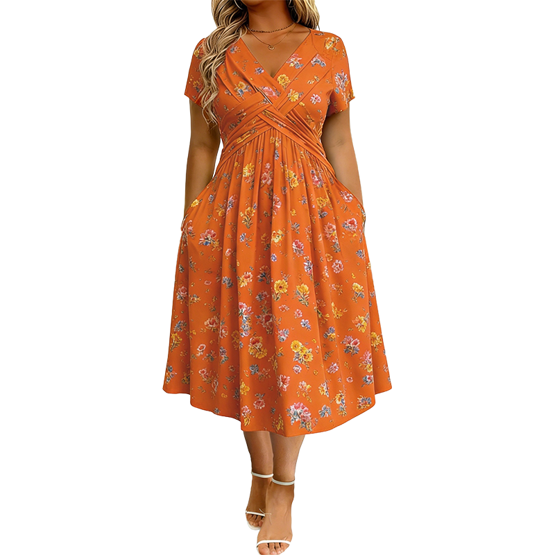 🌸 Blumiges V-Ausschnitt-Kleid mit Taillendrehung – elegant und lässig für jeden Anlass