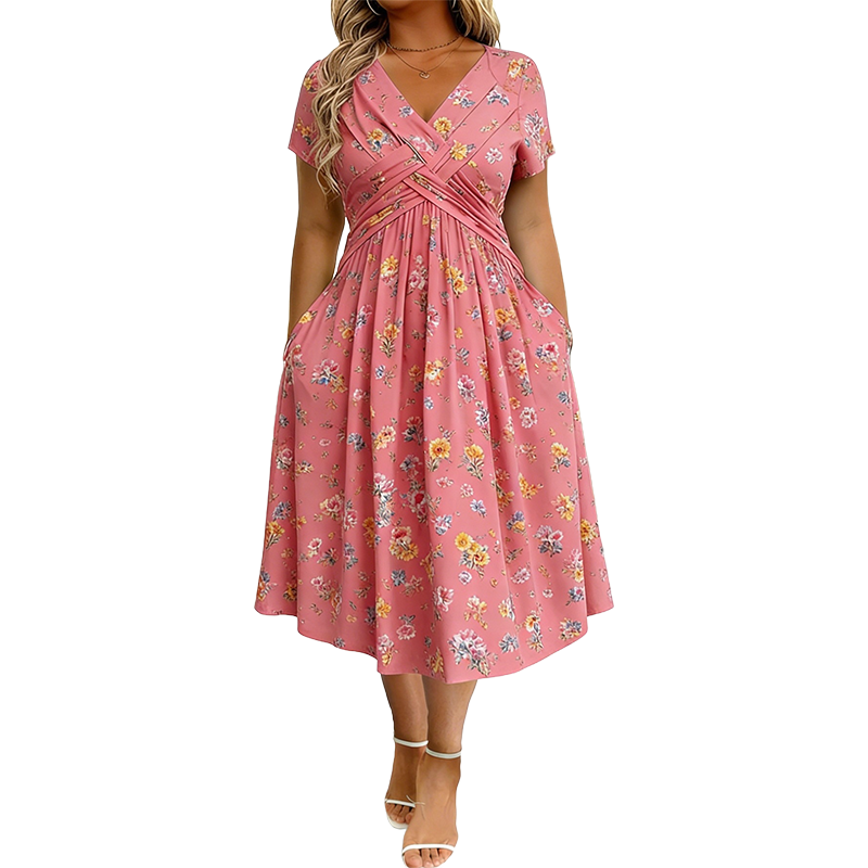 🌸 Blumiges V-Ausschnitt-Kleid mit Taillendrehung – elegant und lässig für jeden Anlass