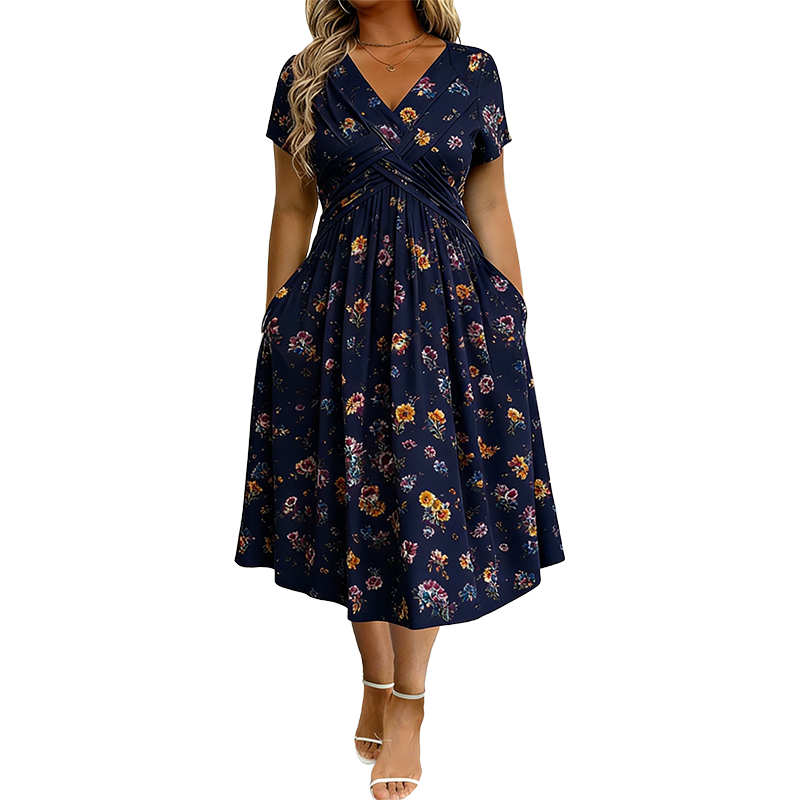 🌸 Blumiges V-Ausschnitt-Kleid mit Taillendrehung – elegant und lässig für jeden Anlass
