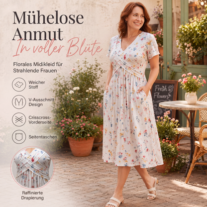 🌸 Blumiges V-Ausschnitt-Kleid mit Taillendrehung – elegant und lässig für jeden Anlass