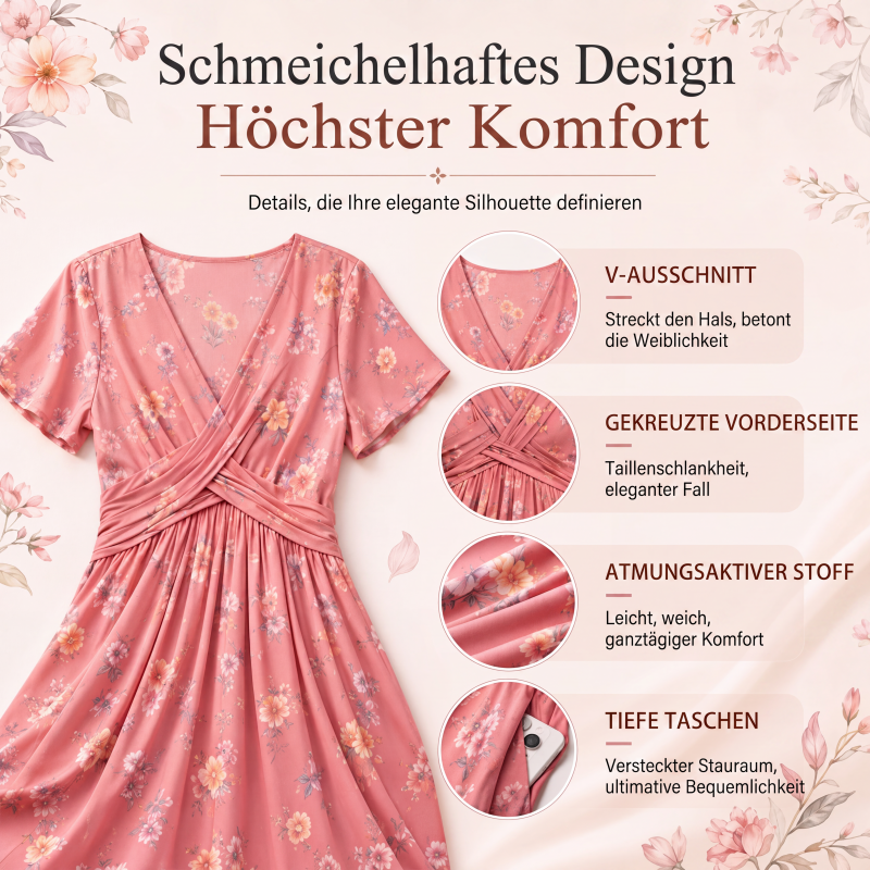 🌸 Blumiges V-Ausschnitt-Kleid mit Taillendrehung – elegant und lässig für jeden Anlass