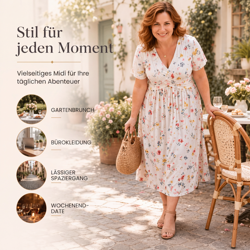 🌸 Blumiges V-Ausschnitt-Kleid mit Taillendrehung – elegant und lässig für jeden Anlass