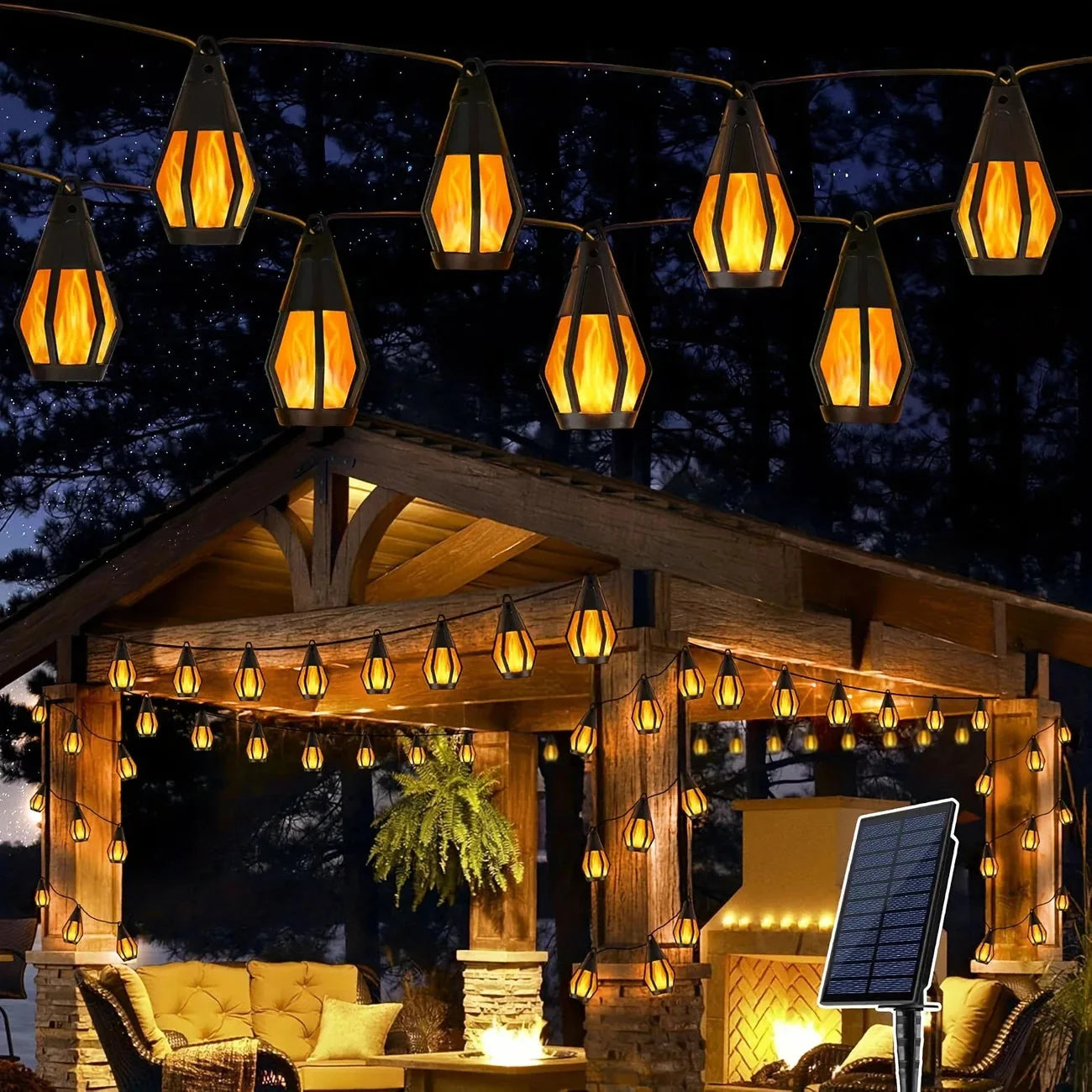 Neue IP65 Solar-LED-Lichterkette, Flammenlampe, wasserdicht, für den Außenbereich, mit Sensor, für Garten, Innenhof und Camping, 360°-Abstrahlwinkel