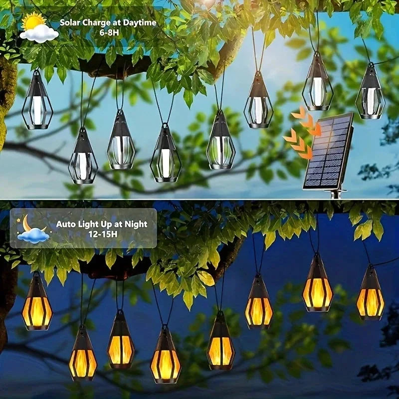 Neue IP65 Solar-LED-Lichterkette, Flammenlampe, wasserdicht, für den Außenbereich, mit Sensor, für Garten, Innenhof und Camping, 360°-Abstrahlwinkel