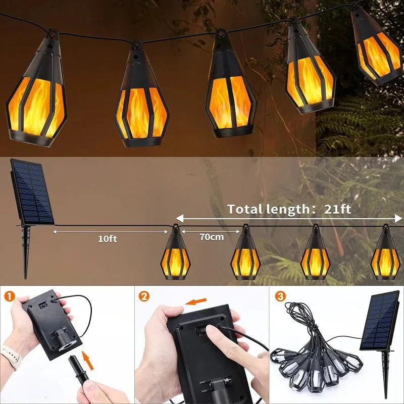 Neue IP65 Solar-LED-Lichterkette, Flammenlampe, wasserdicht, für den Außenbereich, mit Sensor, für Garten, Innenhof und Camping, 360°-Abstrahlwinkel