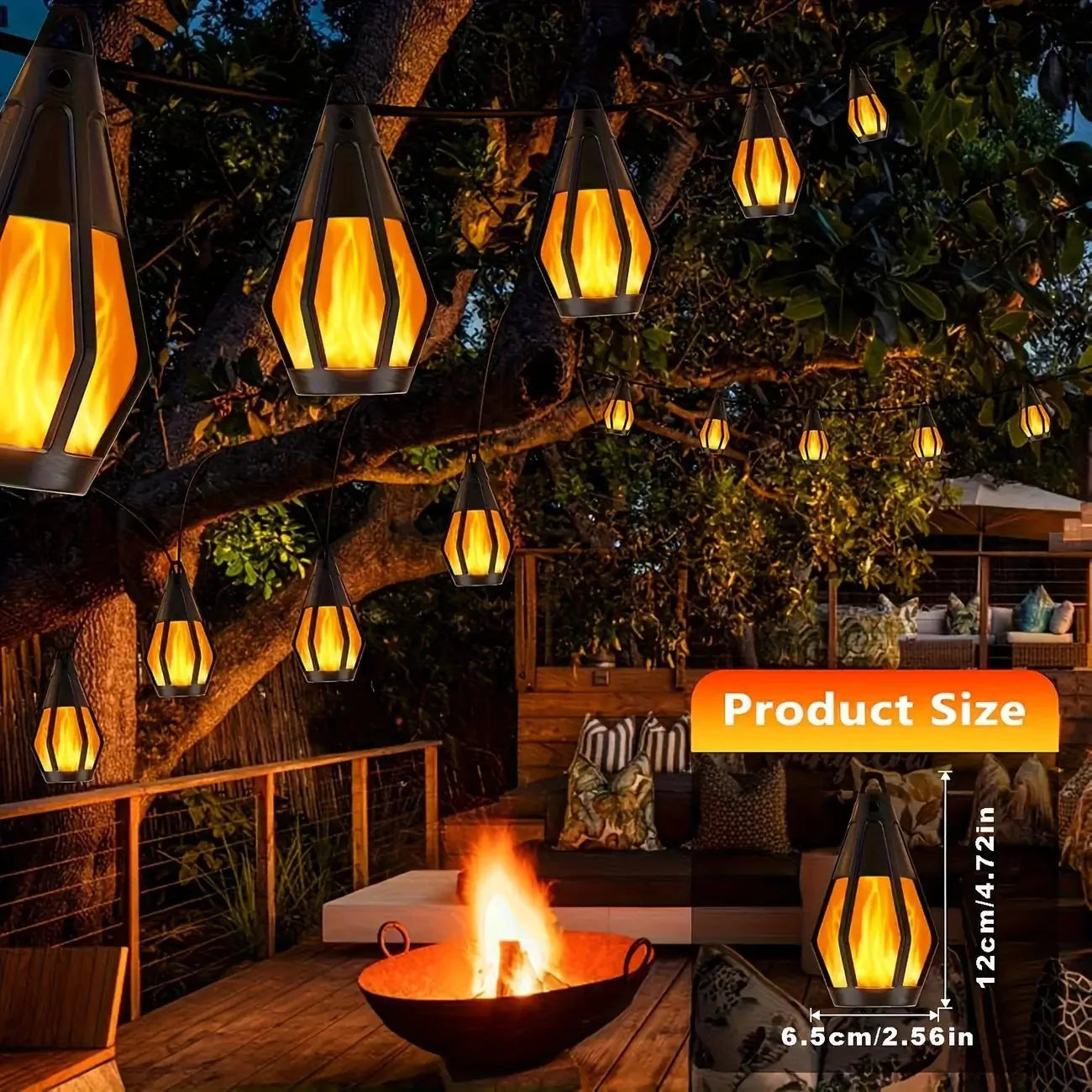Neue IP65 Solar-LED-Lichterkette, Flammenlampe, wasserdicht, für den Außenbereich, mit Sensor, für Garten, Innenhof und Camping, 360°-Abstrahlwinkel