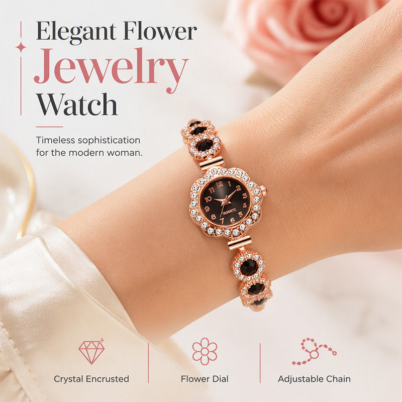 Elegante Damenuhr mit Strass-Blumen-Lünette