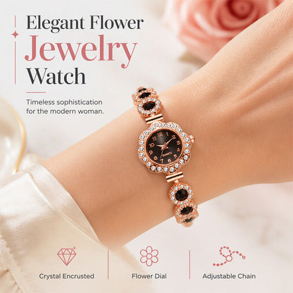 Elegante Damenuhr mit Strass-Blumen-Lünette