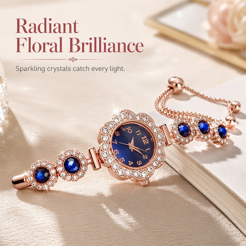 Elegante Damenuhr mit Strass-Blumen-Lünette