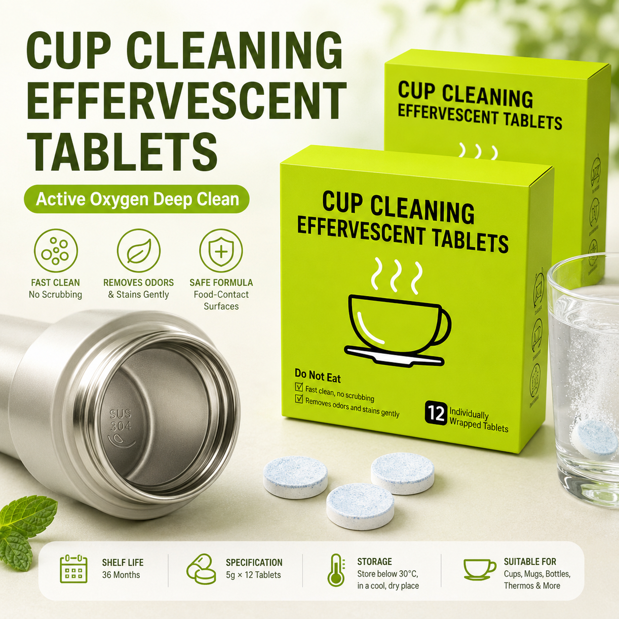 12er-Pack Brausetabletten zur Reinigung von Bechern mit aktivem Sauerstoff