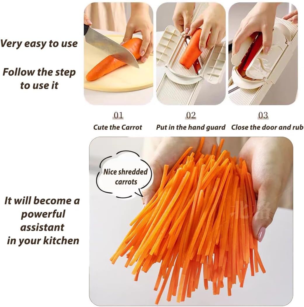 🎉4-in-1-Gemüseschneider und -Reibe🥗  Handschutz mit zwei Schutzvorrichtungen und 4 scharfen Klingen🔪