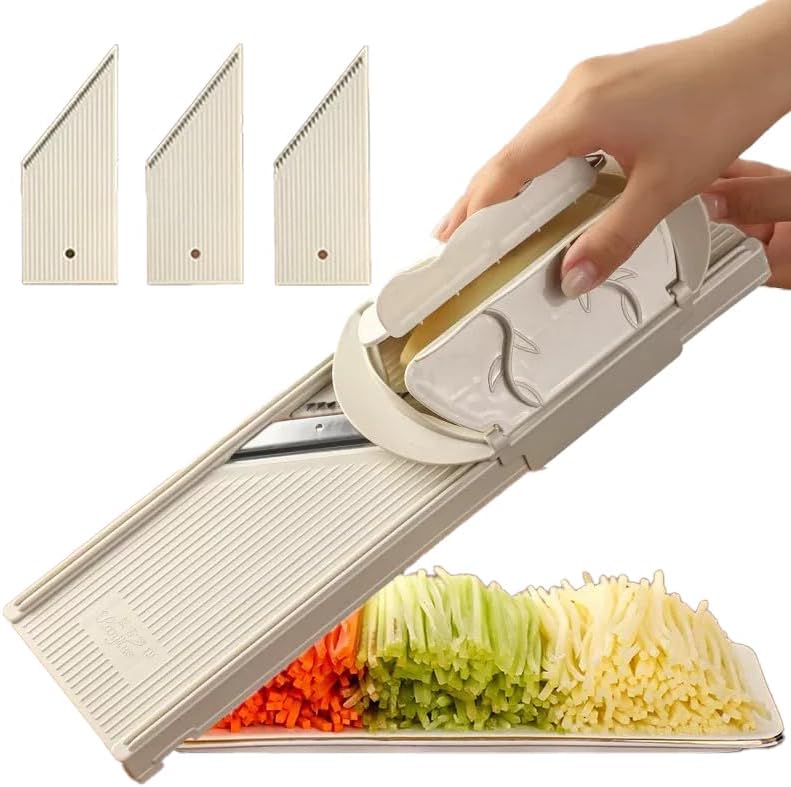 🎉4-in-1-Gemüseschneider und -Reibe🥗  Handschutz mit zwei Schutzvorrichtungen und 4 scharfen Klingen🔪