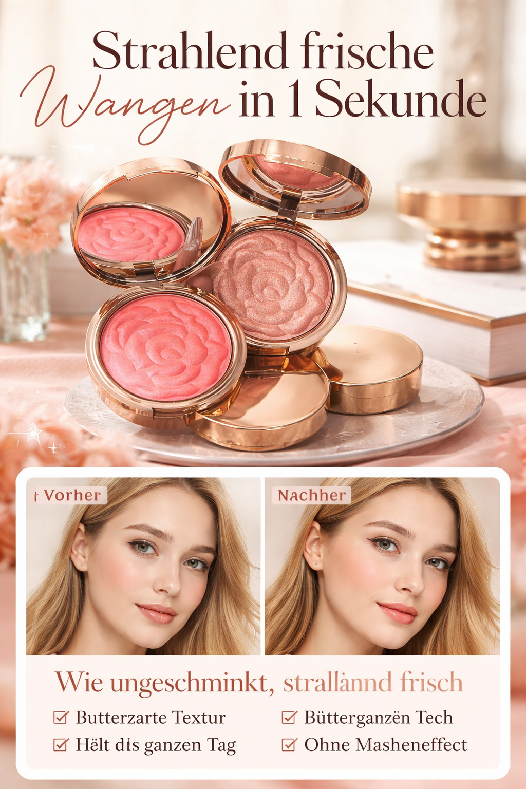 Flower Knows Strawberry Rococo Embossed Blush, Mauve Berry Rose Matte Powder Blush für die Wangen, aufbaubares und gut verblendbares Gesichts-Make-up
