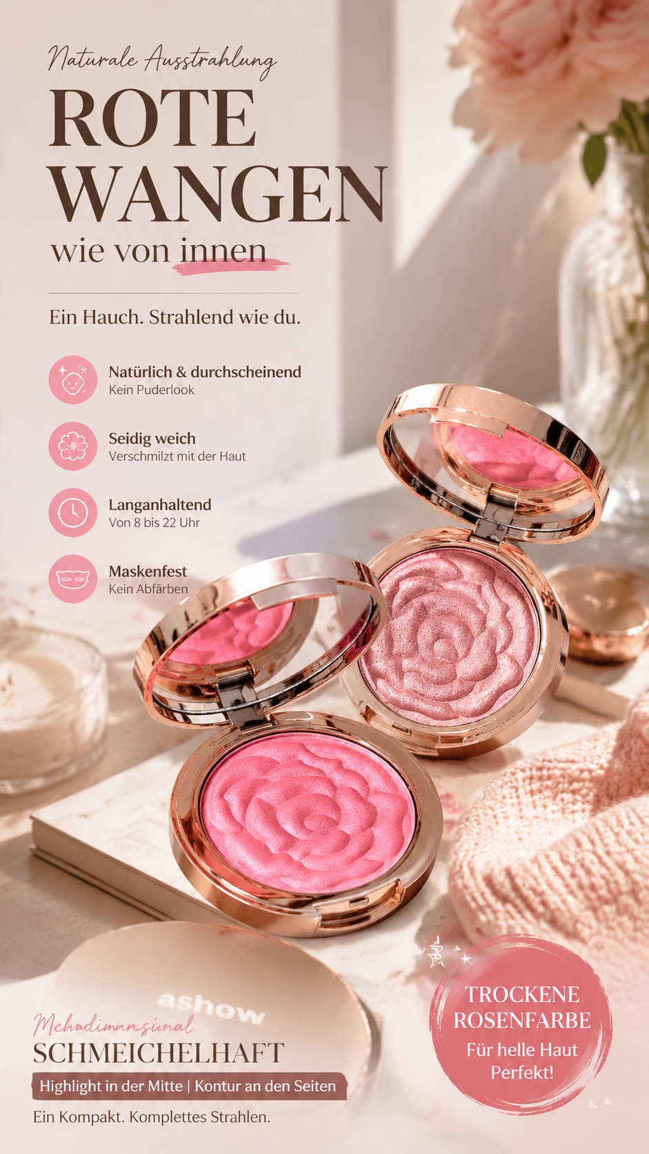 Flower Knows Strawberry Rococo Embossed Blush, Mauve Berry Rose Matte Powder Blush für die Wangen, aufbaubares und gut verblendbares Gesichts-Make-up