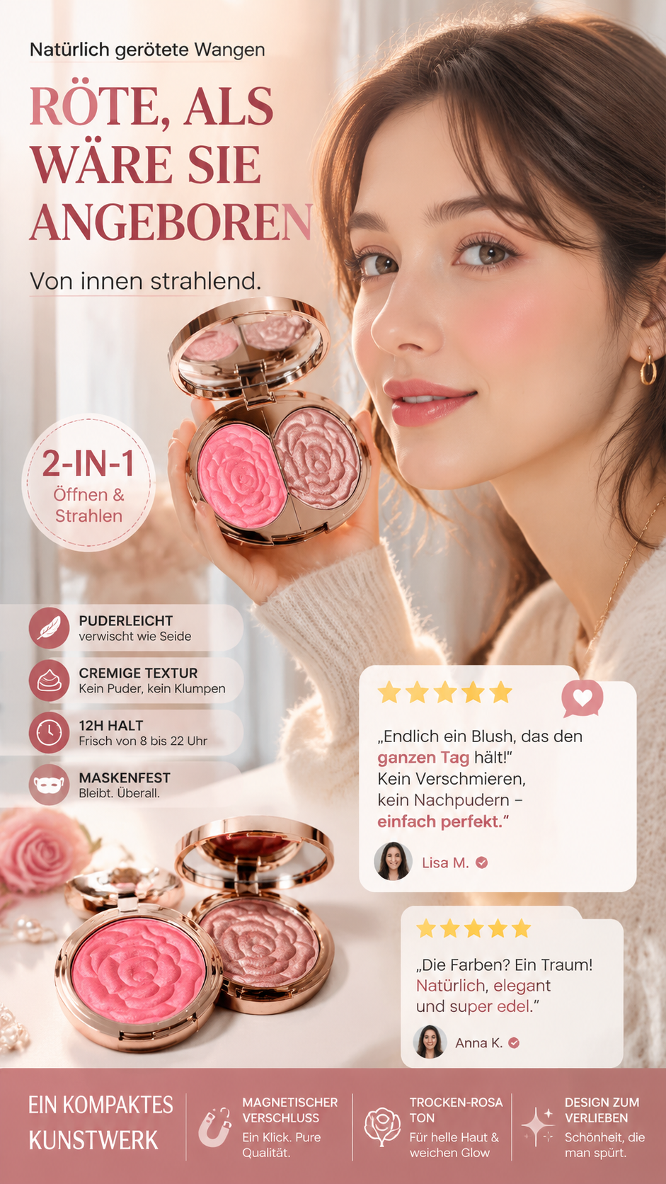 Flower Knows Strawberry Rococo Embossed Blush, Mauve Berry Rose Matte Powder Blush für die Wangen, aufbaubares und gut verblendbares Gesichts-Make-up