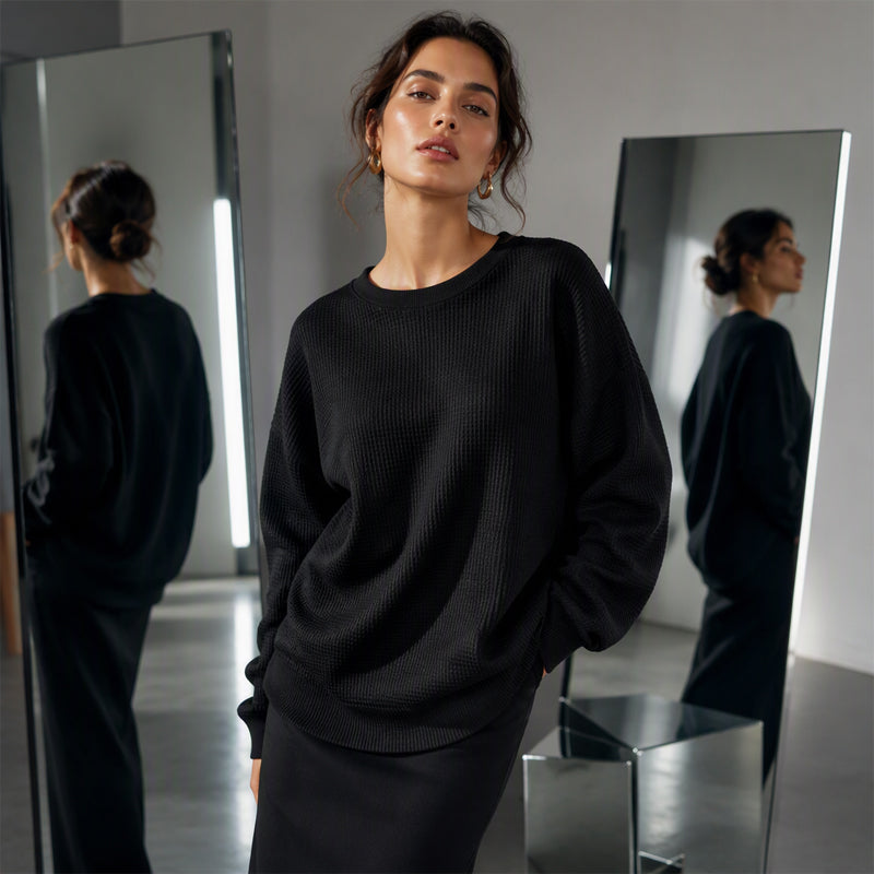 ☁️ Lässig & strukturiert – Waffelstrick-Sweatshirt im Loose-Fit – Weicher Stoff, lockerer Schnitt & vielseitig kombinierbar