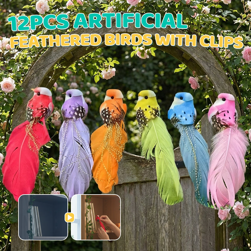 12 künstliche Vögel mit Federn und Clips
