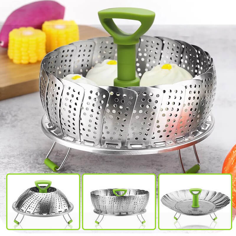 🍳 Faltbarer Edelstahl-Dampfgarer 9 Zoll – verstellbarer Griff & zusammenklappbar, für Töpfe & Küche