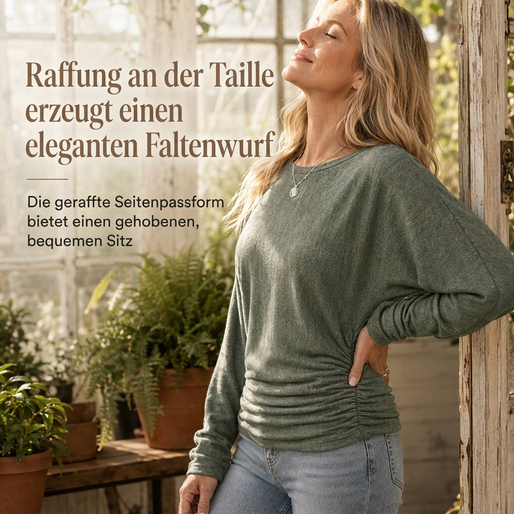 🔥 50% RABATT! Damen-Strickpullover mit Rundhals – Langarm, abfallende Schultern, Fledermausärmel & seitlicher Rüschenoptik