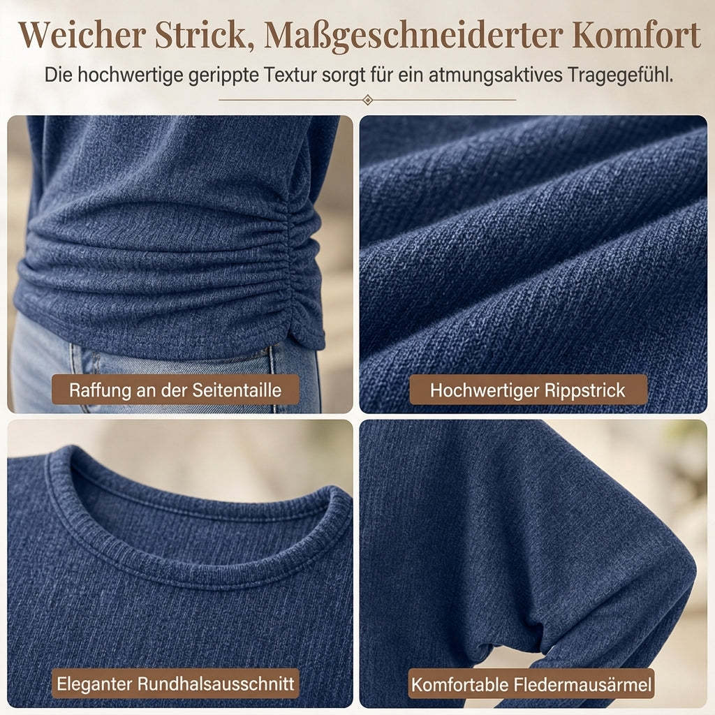 🔥 50% RABATT! Damen-Strickpullover mit Rundhals – Langarm, abfallende Schultern, Fledermausärmel & seitlicher Rüschenoptik
