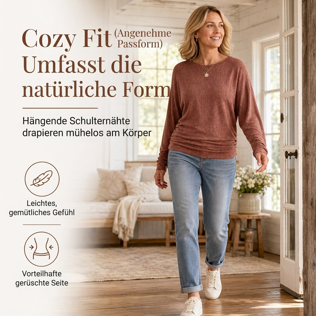 🔥 50% RABATT! Damen-Strickpullover mit Rundhals – Langarm, abfallende Schultern, Fledermausärmel & seitlicher Rüschenoptik