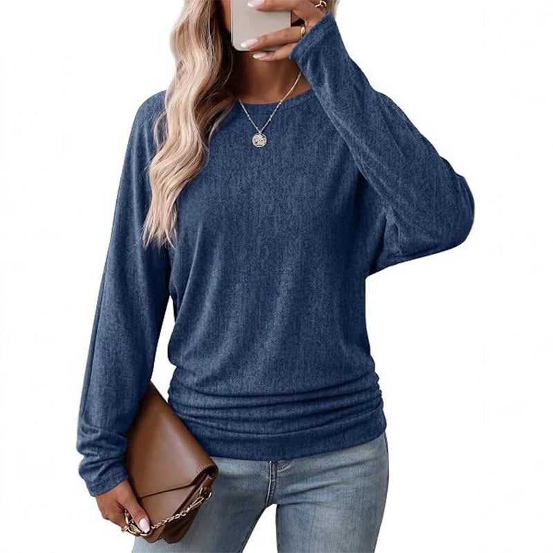 🔥 50% RABATT! Damen-Strickpullover mit Rundhals – Langarm, abfallende Schultern, Fledermausärmel & seitlicher Rüschenoptik