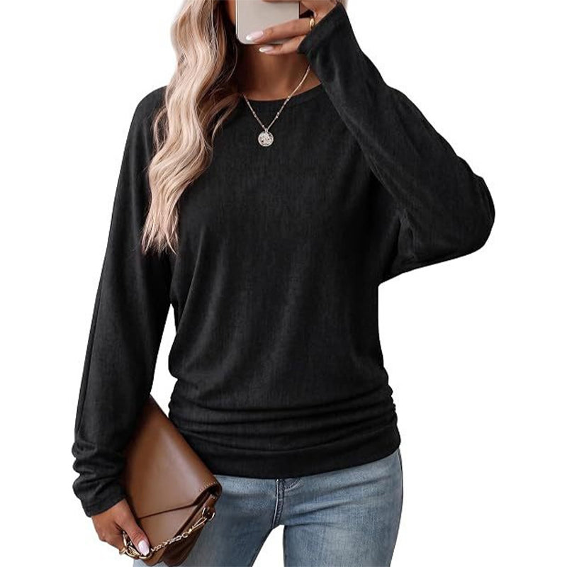 🔥 50% RABATT! Damen-Strickpullover mit Rundhals – Langarm, abfallende Schultern, Fledermausärmel & seitlicher Rüschenoptik