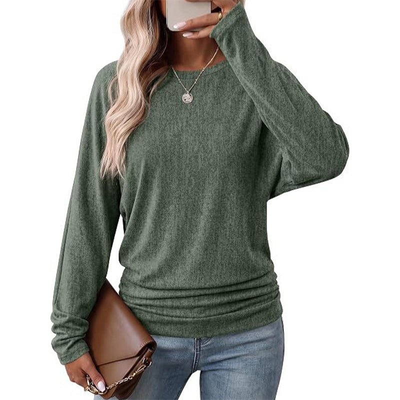 🔥 50% RABATT! Damen-Strickpullover mit Rundhals – Langarm, abfallende Schultern, Fledermausärmel & seitlicher Rüschenoptik