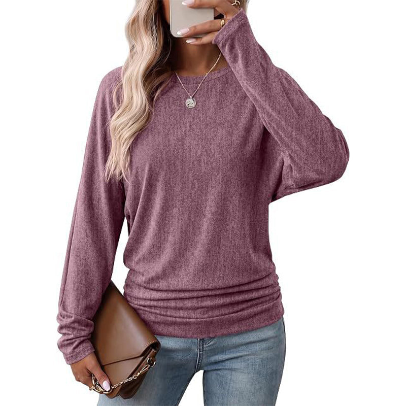 🔥 50% RABATT! Damen-Strickpullover mit Rundhals – Langarm, abfallende Schultern, Fledermausärmel & seitlicher Rüschenoptik