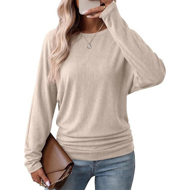 🔥 50% RABATT! Damen-Strickpullover mit Rundhals – Langarm, abfallende Schultern, Fledermausärmel & seitlicher Rüschenoptik