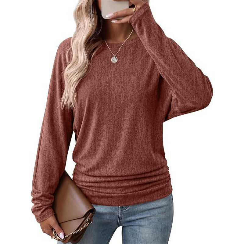 🔥 50% RABATT! Damen-Strickpullover mit Rundhals – Langarm, abfallende Schultern, Fledermausärmel & seitlicher Rüschenoptik