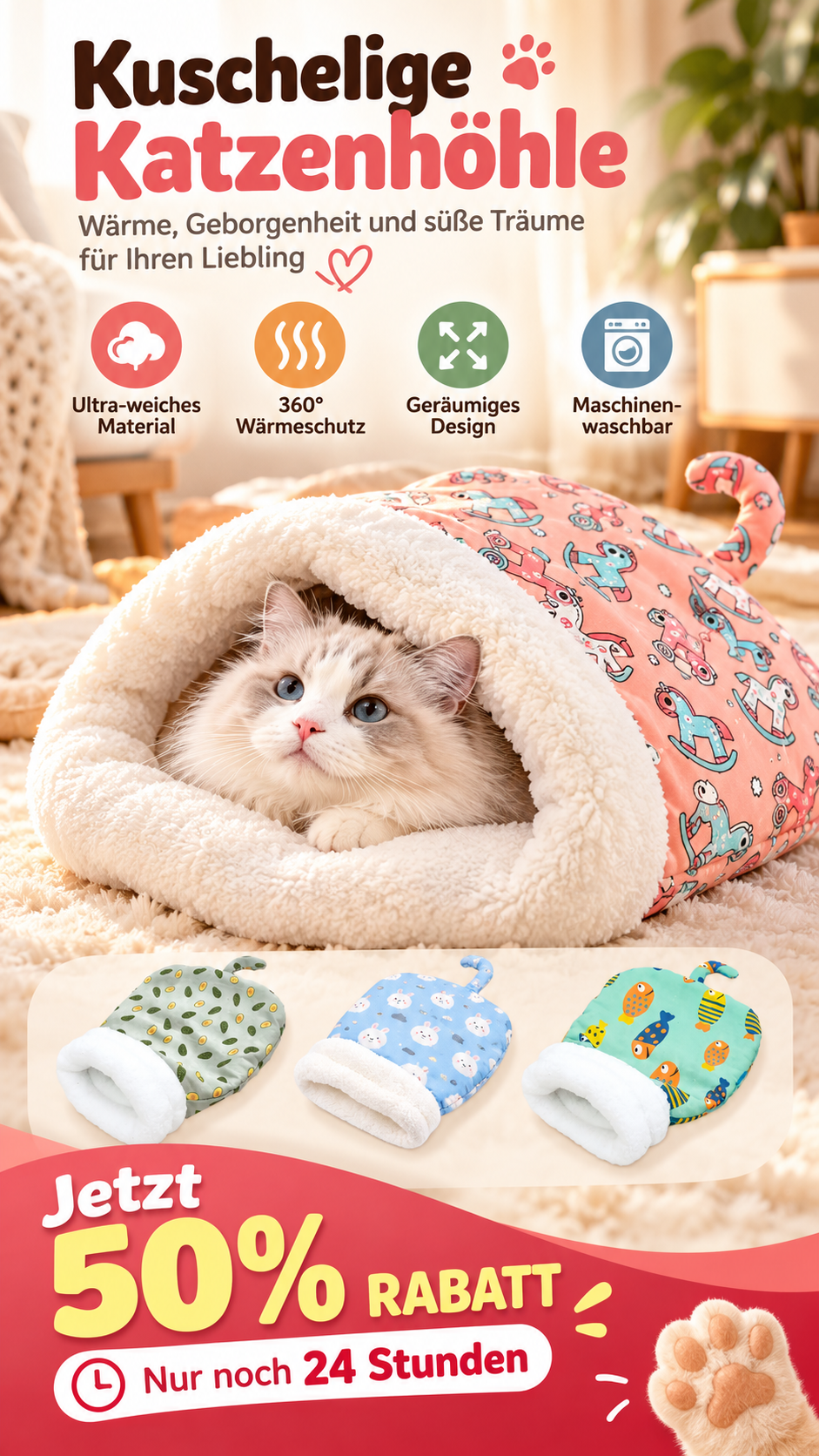 ⏳Zeitlich begrenztes Angebot⏳ Flauschiger Katzen-Winterschlafsack – halb geschlossene Kuschelhöhle mit Cartoon-Muster, Rosa oder Blau