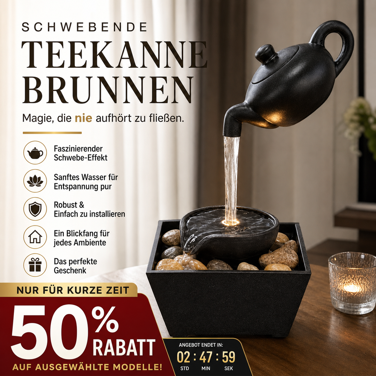 50% RABATT! Schwebende Illusions-Teekanne Wasserfontänen-Dekoration – Optische Täuschung, fließendes Wasser & beruhigendes Ambiente – Perfekt für Wohnzimmer, Garten & Büro 🌊