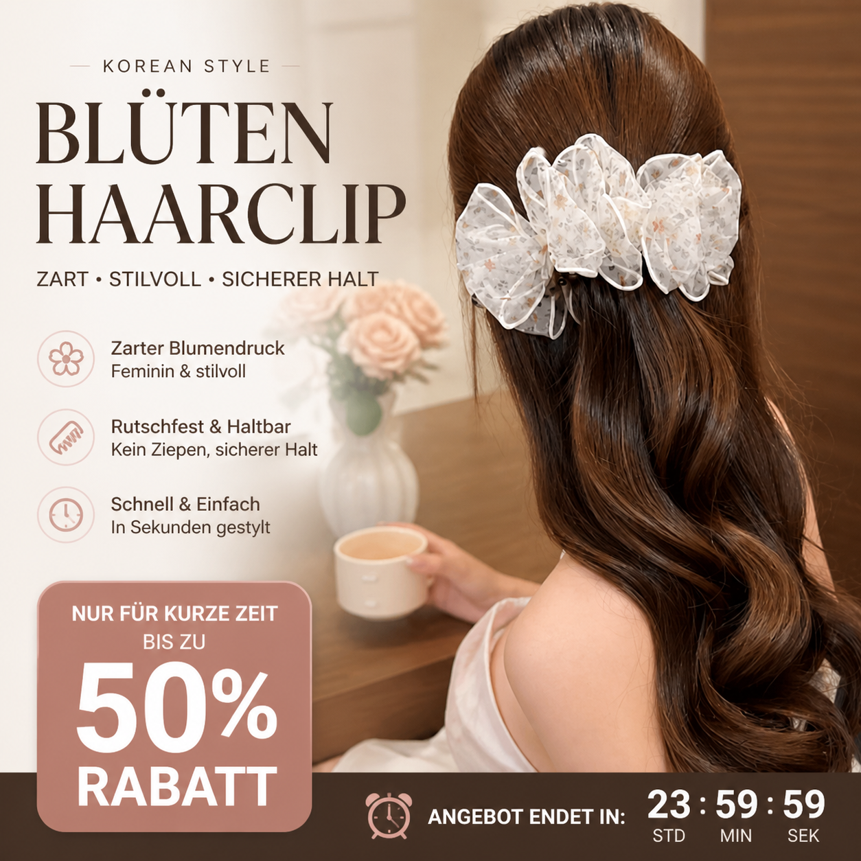 🌸 Koreanischer Banane-Haarclip mit Blumen-Tüll