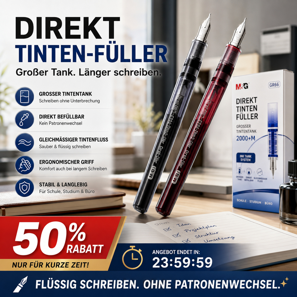 ✍️ Großraum-Direkttintenfüller – ohne Patronenwechsel