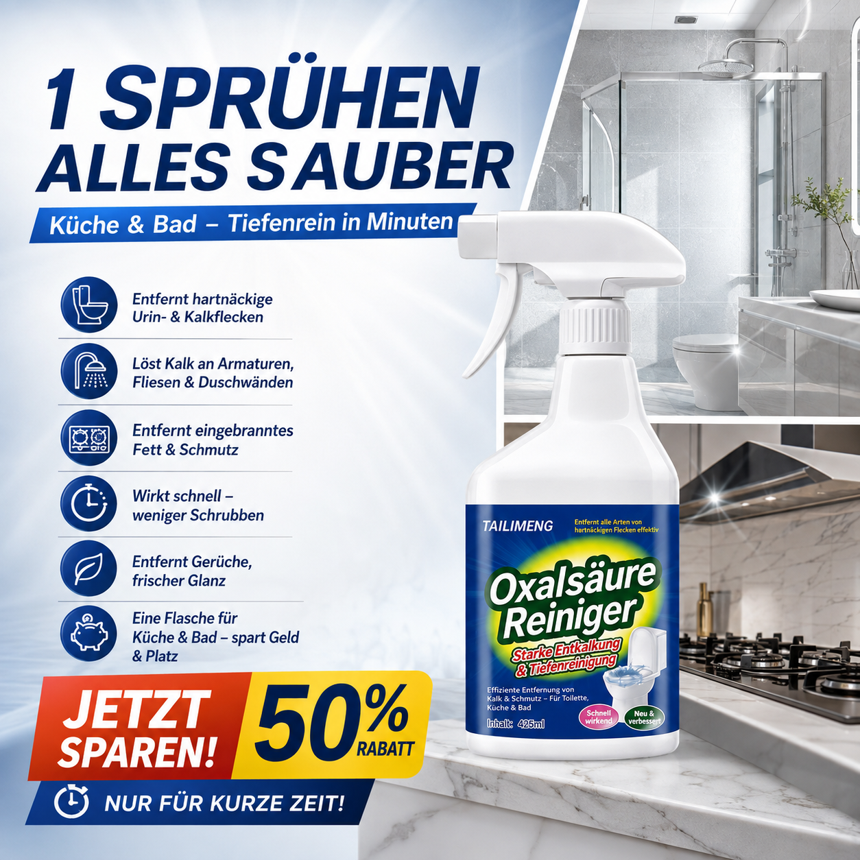 🛁 Multifunktions-Reinigungsspray gegen Urinstein, Kalk und Küchenfett