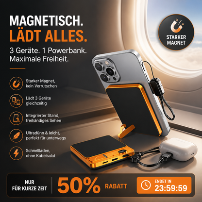 🔋 NUR FÜR BEGRENZTE ZEIT: 50 % RABATT! ✨ 3-in-1-Magnet-Ladegerät für unterwegs – kabellos, mit integriertem Ständer, schlank 🍃
