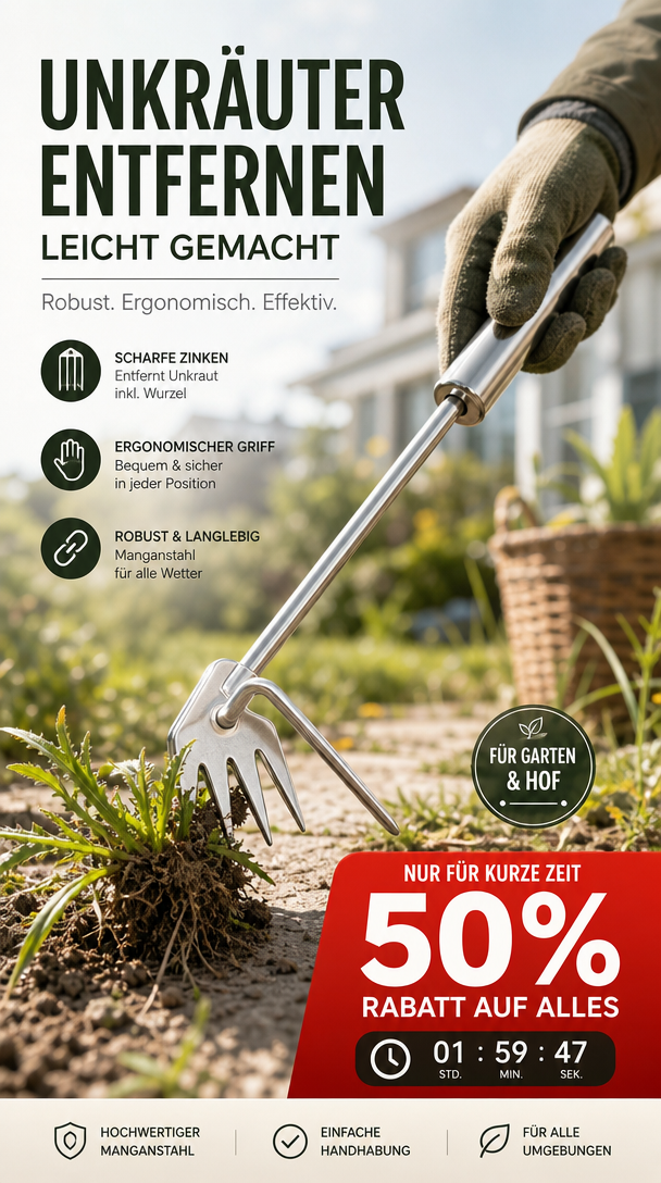 🌿🔨 Robuster Gartenhacken aus Edelstahl – Handgeführte Unkrautentfernung, ideal für Bodenlockerung und Wurzelentfernung