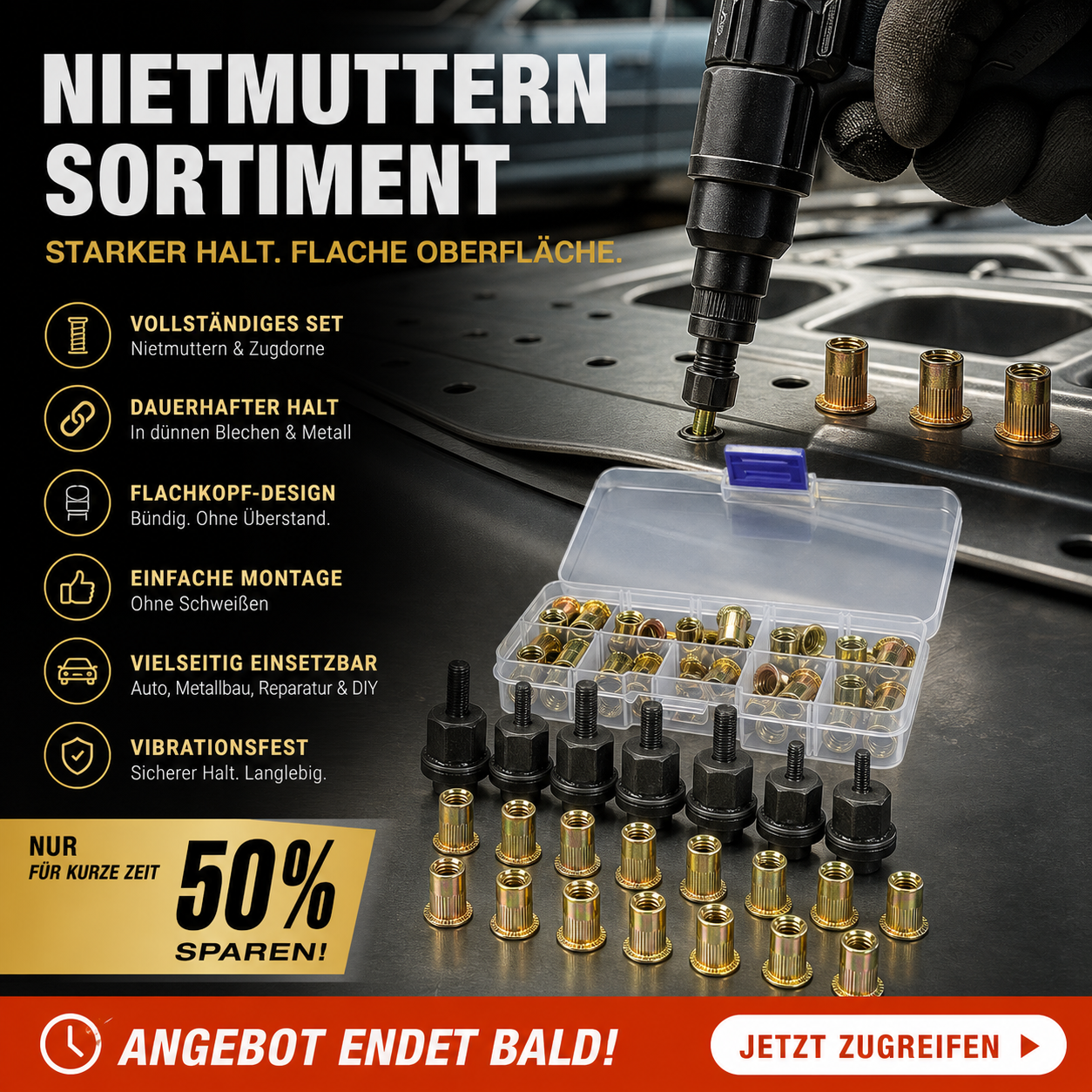 🔧Die Pakete werden zu Ihnen nach Hause geliefert!🎁Flachkopf-Gewindemutter Einnietmuttern-Satz