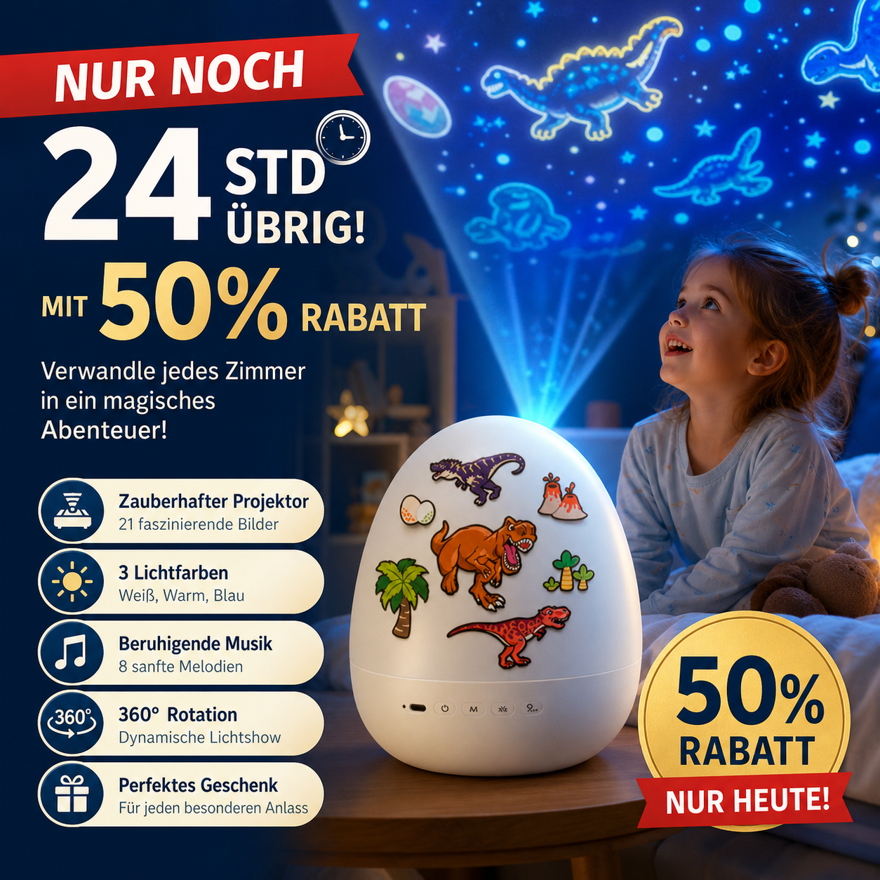 🔥 Heute -50 %! 🦕🦕🥚 Dino-Ei-Nachtlicht-Projektor mit Musik – Timer, 360° drehbar – magisches Kinderzimmer! ✨