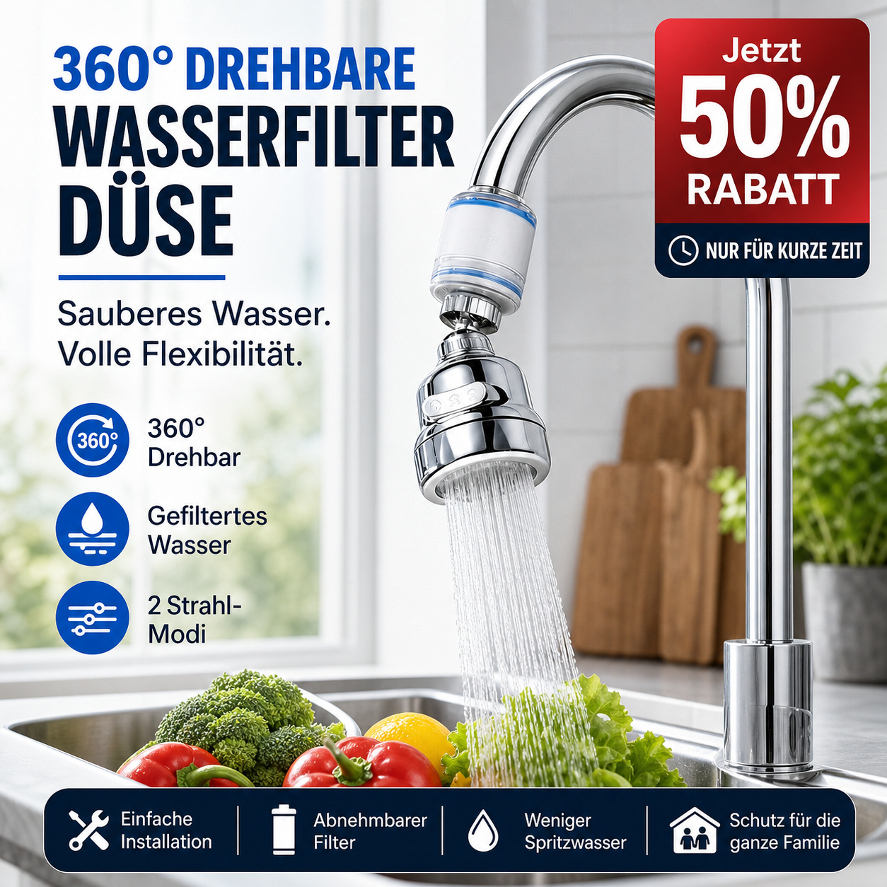 Um 360° drehbare Filterdüse für Wasserhähne