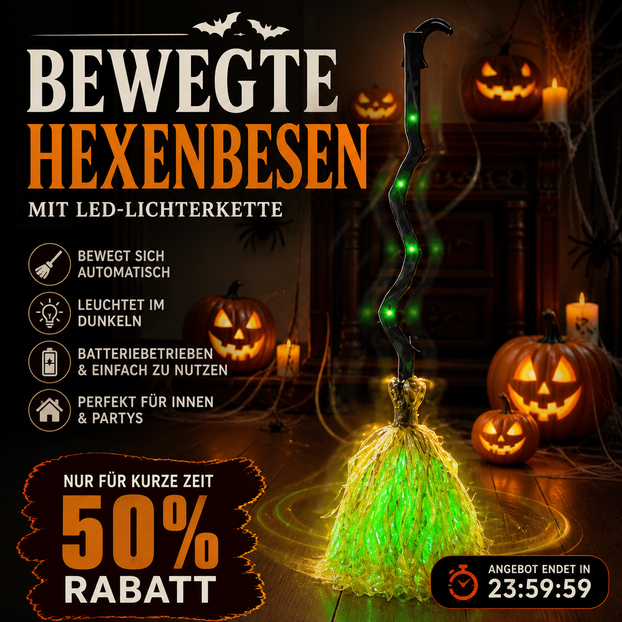 Elektrische Hexenbesen-Dekoration zu Halloween